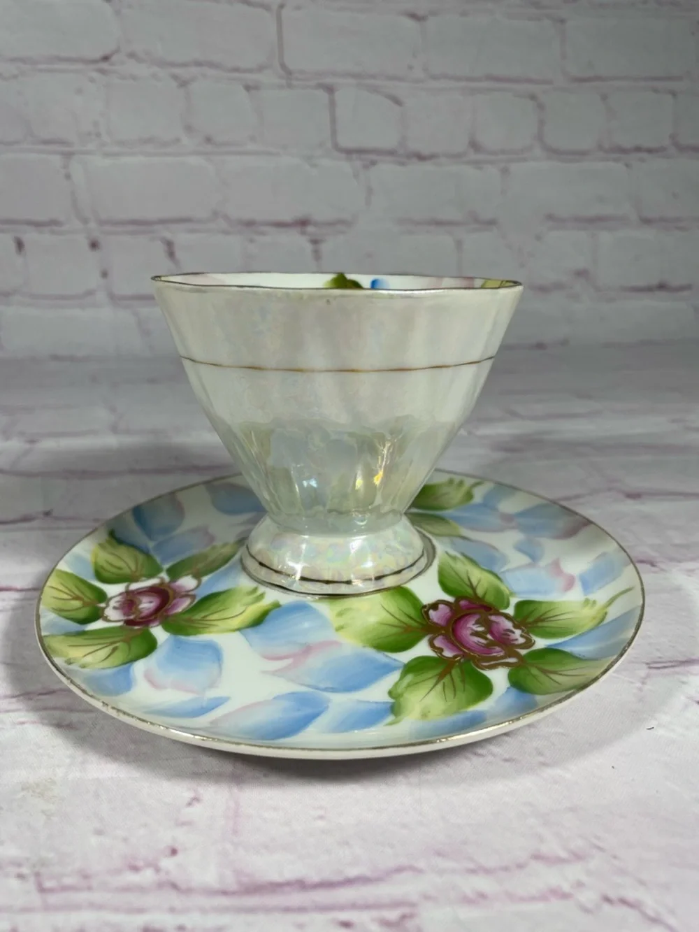 Vintage Royal Carlton 7865 Iridescent Floral Gold Trim Footed Teacup and Saucer